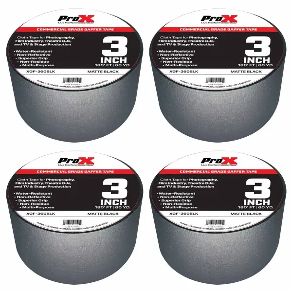 ProX XGF-360BLK 3" Matte Black Pro Audio Gaffers Tape 60 Yard Rolls 4 Pack