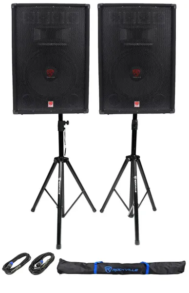 (2) Rockville RSG15.4 15” 1500w Passive PA Speakers+2)Stands+2)Cables+Carry Case