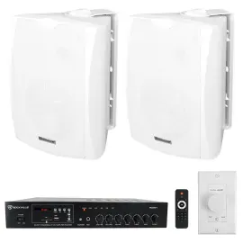 Rockville Commercial Restaurant Amp+2) White 6.5" Wall Speakers+Wall Controller