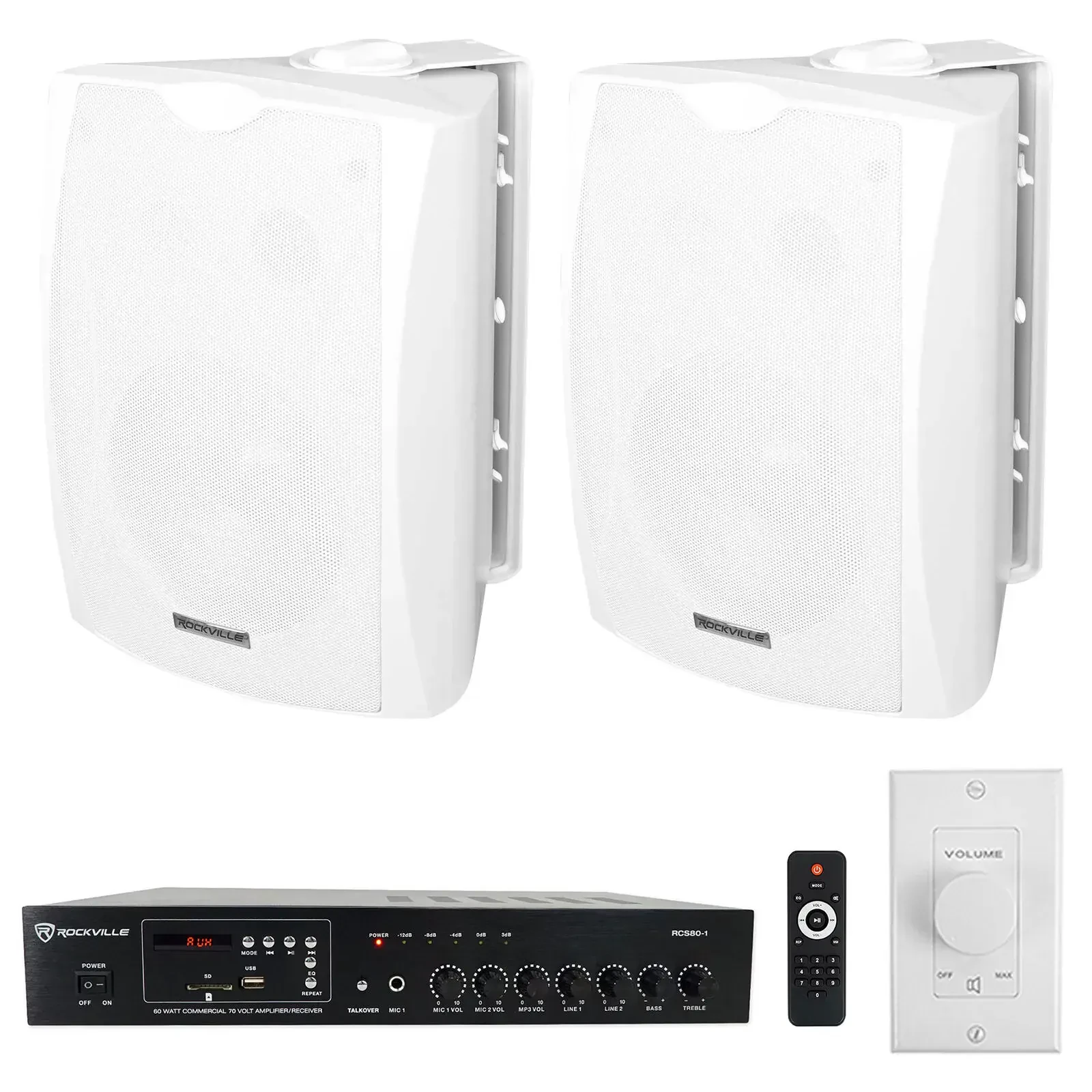 Настенная акустика Rockville RCS80-1+(2) WET-6W+VOL70100 White с усилителем (пара)