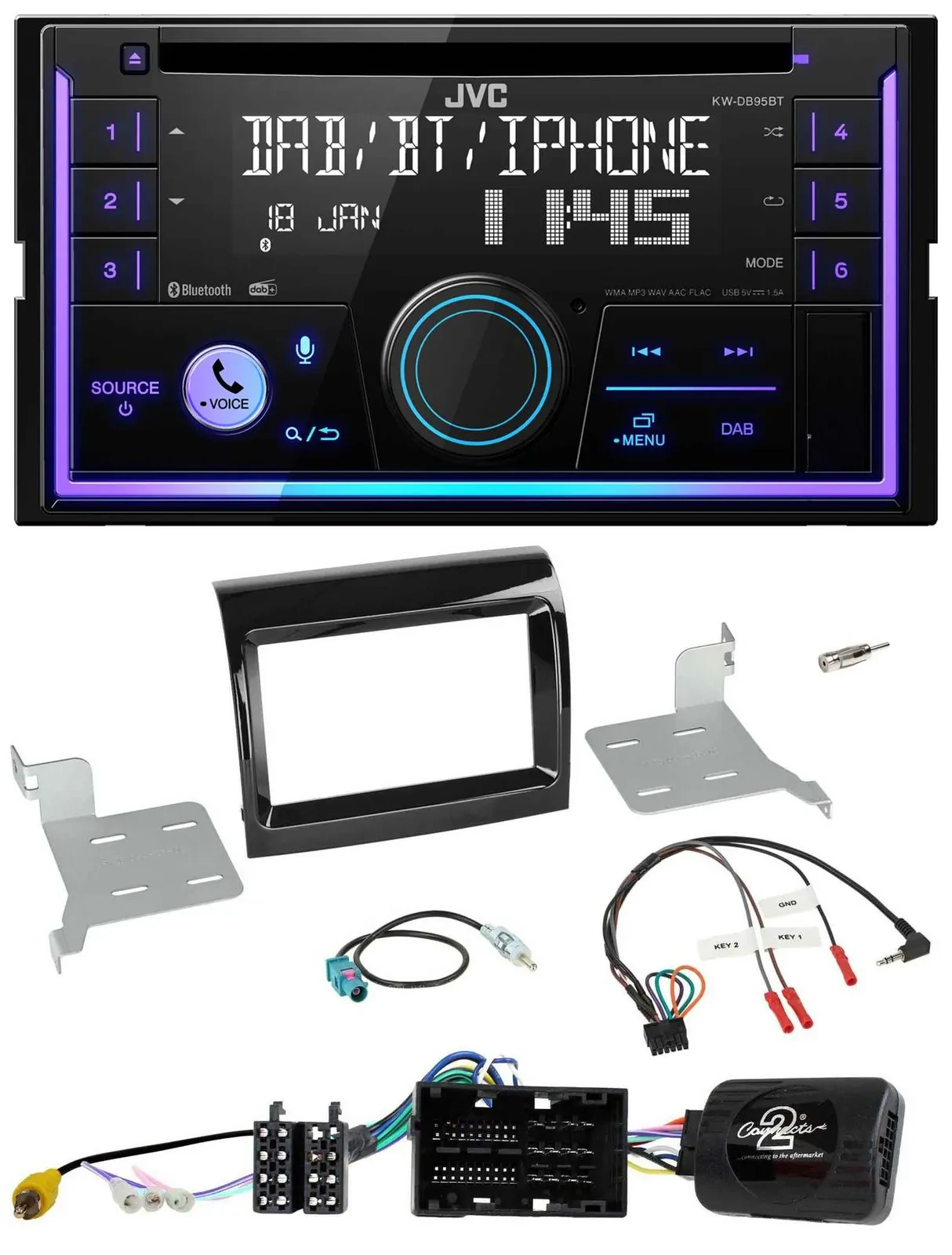 Автомагнитола JVC 2DIN, DAB, Bluetooth, CD, USB для Citroen/Fiat/Peugeot 2016–2020