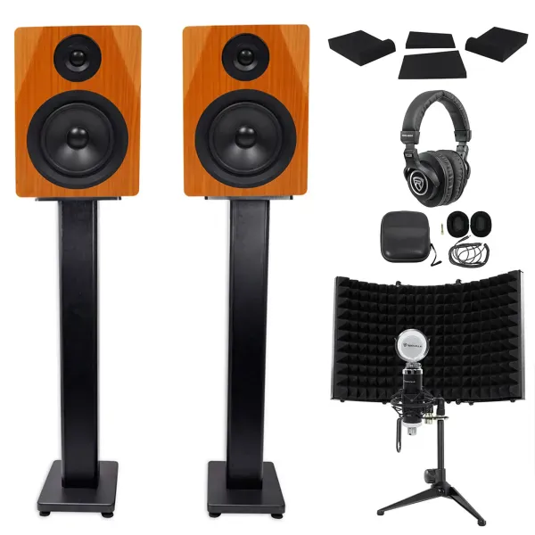 2 Rockville DPM5C 5.25" 300w Studio Monitors+36" Stands+Headphones+Mic+Shield