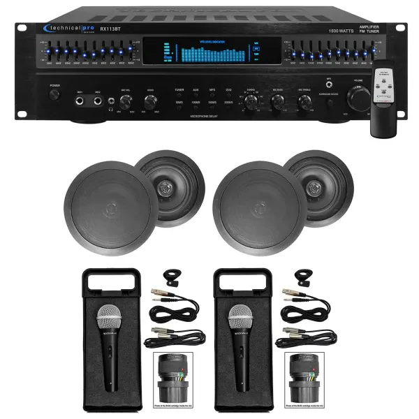 Technical Pro 1500 Watt Home Karaoke Machine System+4) 8" Black Ceiling Speakers
