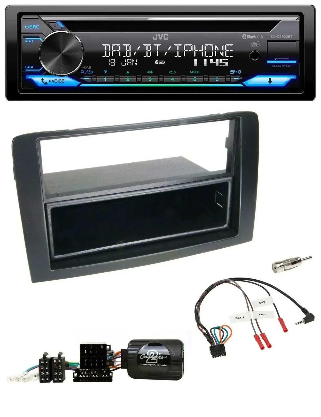 Автомагнитола для Fiat Idea 2006–2012 JVC Bluetooth, USB, DAB, CD, черный