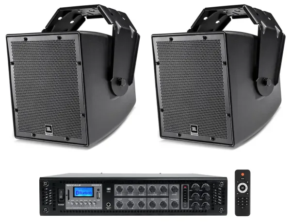 (2) JBL AWC62-BK 6.5" 120 Watt Black Indoor/Outdoor 70V Commercial Speakers+Amp