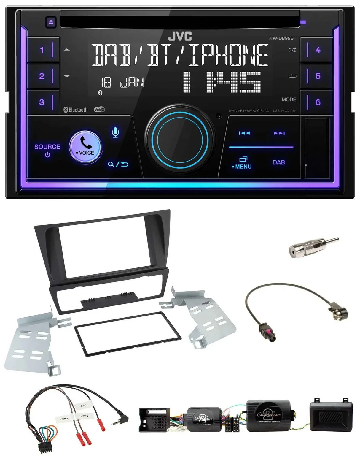 Автомагнитола JVC 2DIN DAB Bluetooth CD для BMW 3 Series (E90/E91/E92/E93) с поддержкой управления на руле и PDC, USB