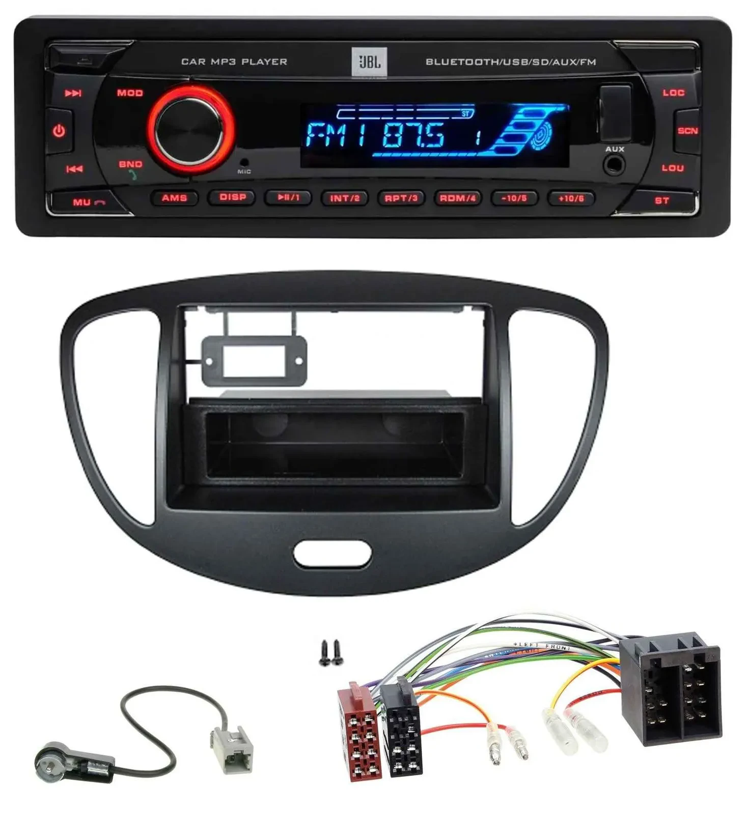 Автомагнитола для Hyundai i10 (2008–2013) JBL AUX, MP3, USB, Bluetooth, SD, черный