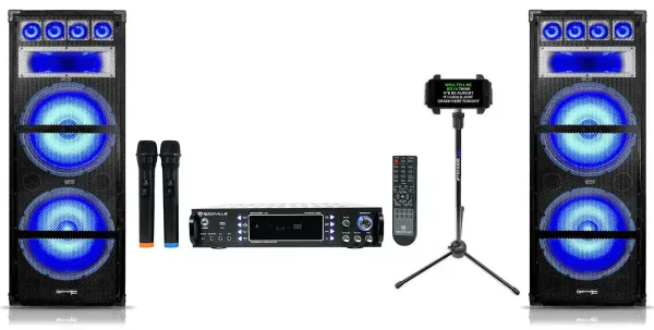 Technical Pro Dual 15" LED Karaoke Speakers+Bluetooth Amplifier+2) Wireless Mics