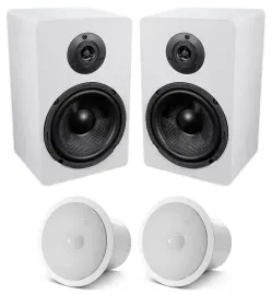 (2) White 6.5" Home Bookshelf Speakers w/Kevlar Woofers+JBL In-JBL Subwoofers