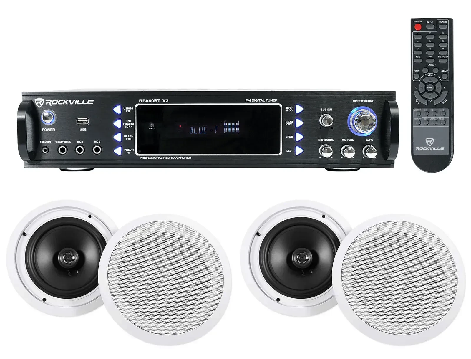 Аудиосистема для ресторанов и офисов Rockville RPA6000USB + (4) HC85 (набор, потолочные колонки 4 шт., Bluetooth усилитель/ресивер)