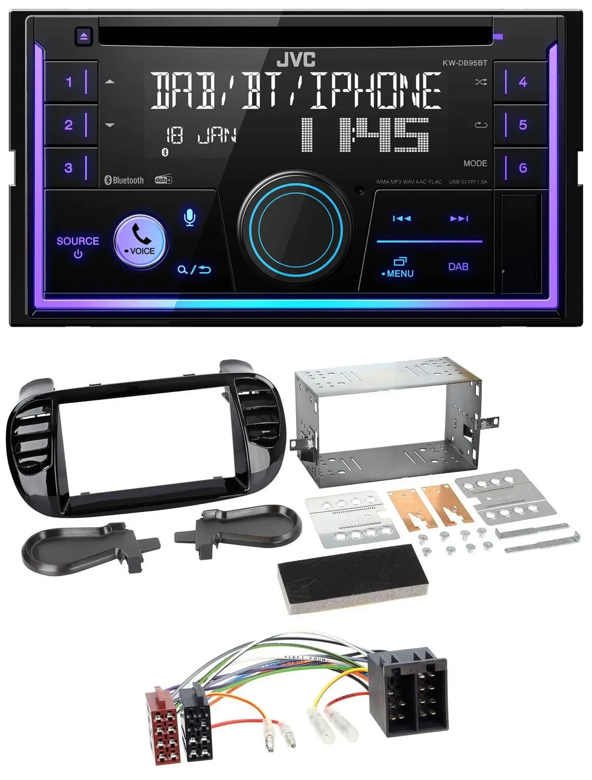 Автомагнитола JVC 2-DIN DAB Bluetooth CD MP3 USB для Fiat 500 (до 2012), черный глянец