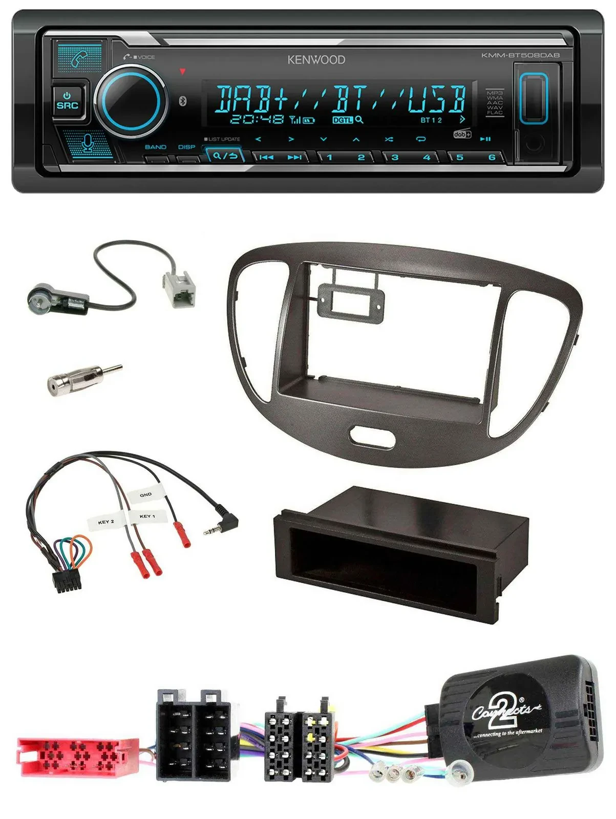 Автомагнитола Kenwood Bluetooth DAB USB для Hyundai i10 (2009–2013), темно-серая, поддержка управления на руле