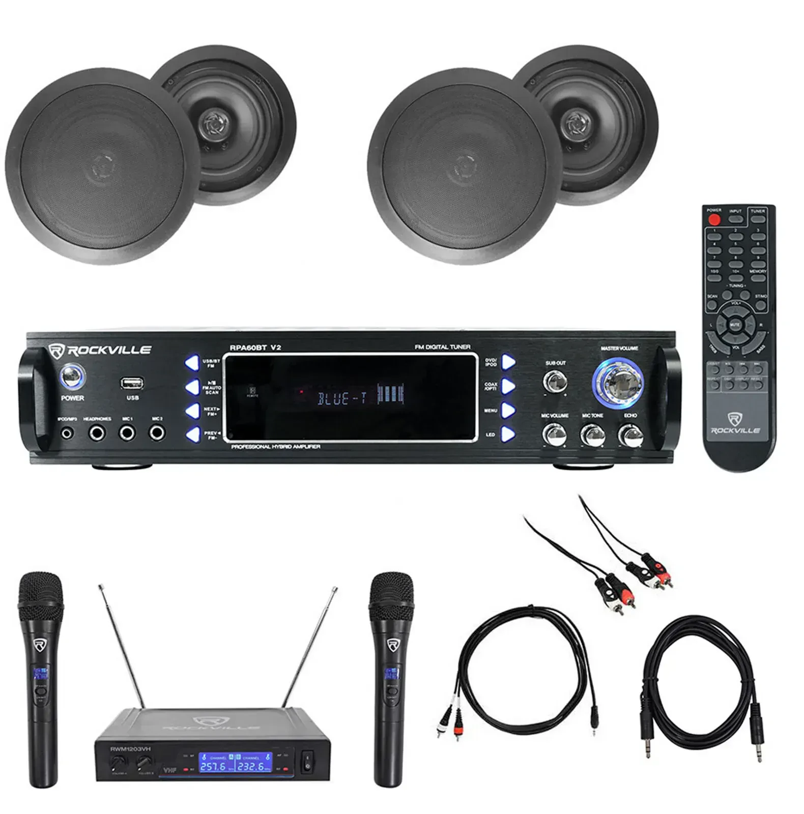 Караоке-система Rockville RPA60BT+(4) HC655 Black KAR 2 1000W, Bluetooth, (набор, 4 потолочных динамика, чёрный), беспроводные микрофоны