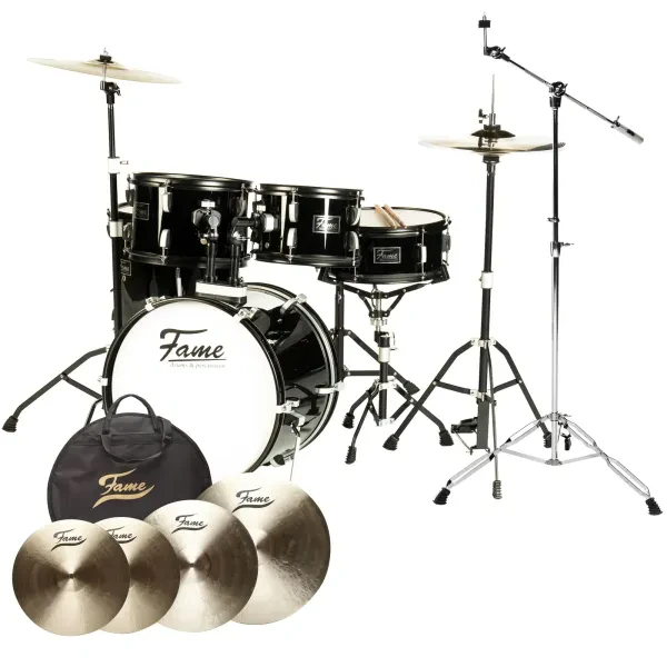 Fame B20 Drum Set 18" Bass Drum Piano Black Cymbals Hardware Practice Pad 3-SET
