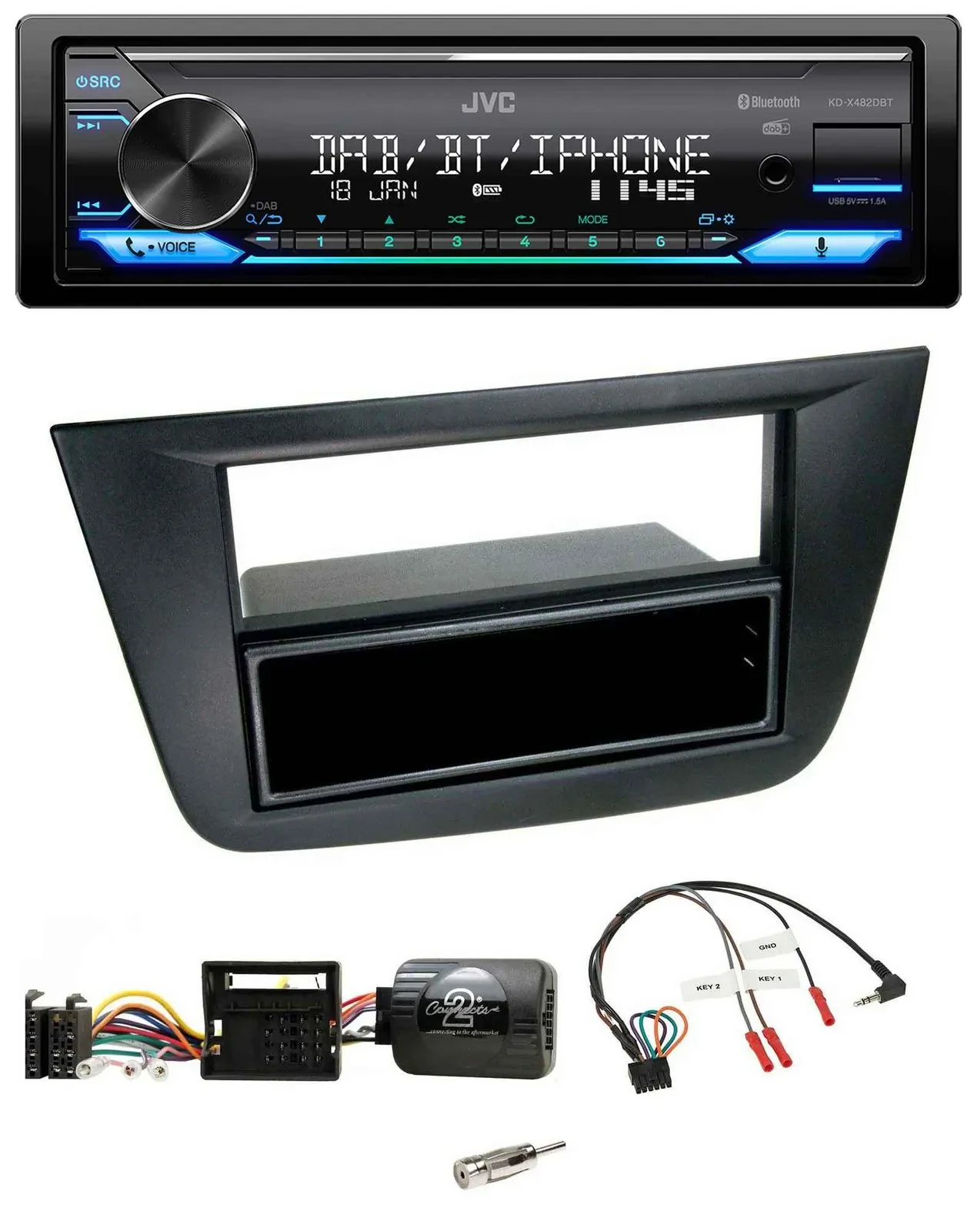 Автомагнитола JVC Bluetooth, DAB, USB, поддержка кнопок на руле для Seat Altea/Toledo (2004–2009), черная