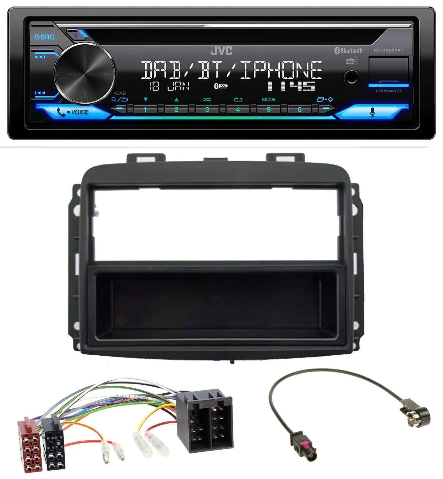 JVC Bluetooth MP3 USB DAB CD Autoradio für Fiat 500L (mit ISO, ab 2012)