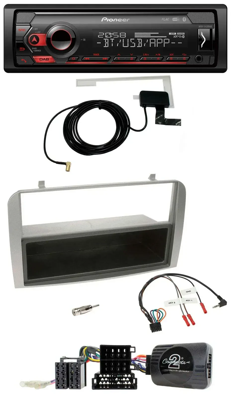 Автомагнитола Pioneer DAB, USB, Bluetooth, совместима с кнопками на руле, для Alfa Romeo GT/147 (2007–2010), серебристая, с нишей