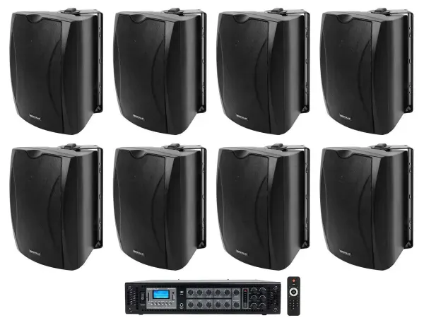 (8) Black 5.25" 70v Wall Speakers+Amplifier For Restaurant/Office/Cafe/Bar/Hotel