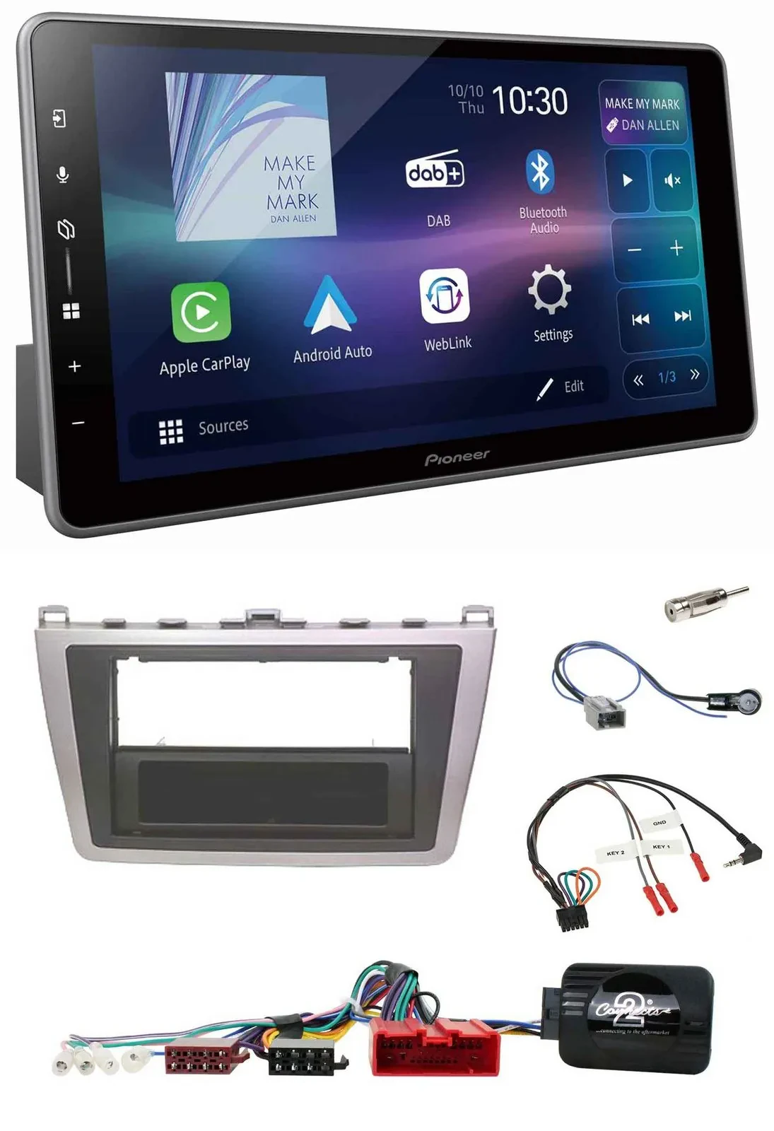 Автомагнитола Pioneer Bluetooth USB DAB для Mazda 6 (2008–2012), серебристый/чёрный, совместима с управлением на руле