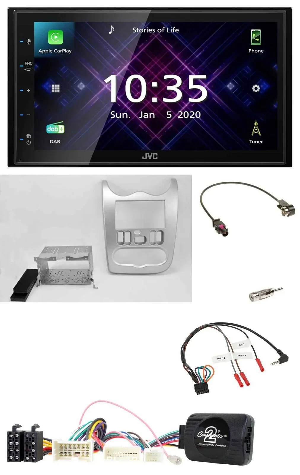 JVC DAB 2DIN Lenkrad Bluetooth USB Autoradio für Dacia ab 2012 hellsilber