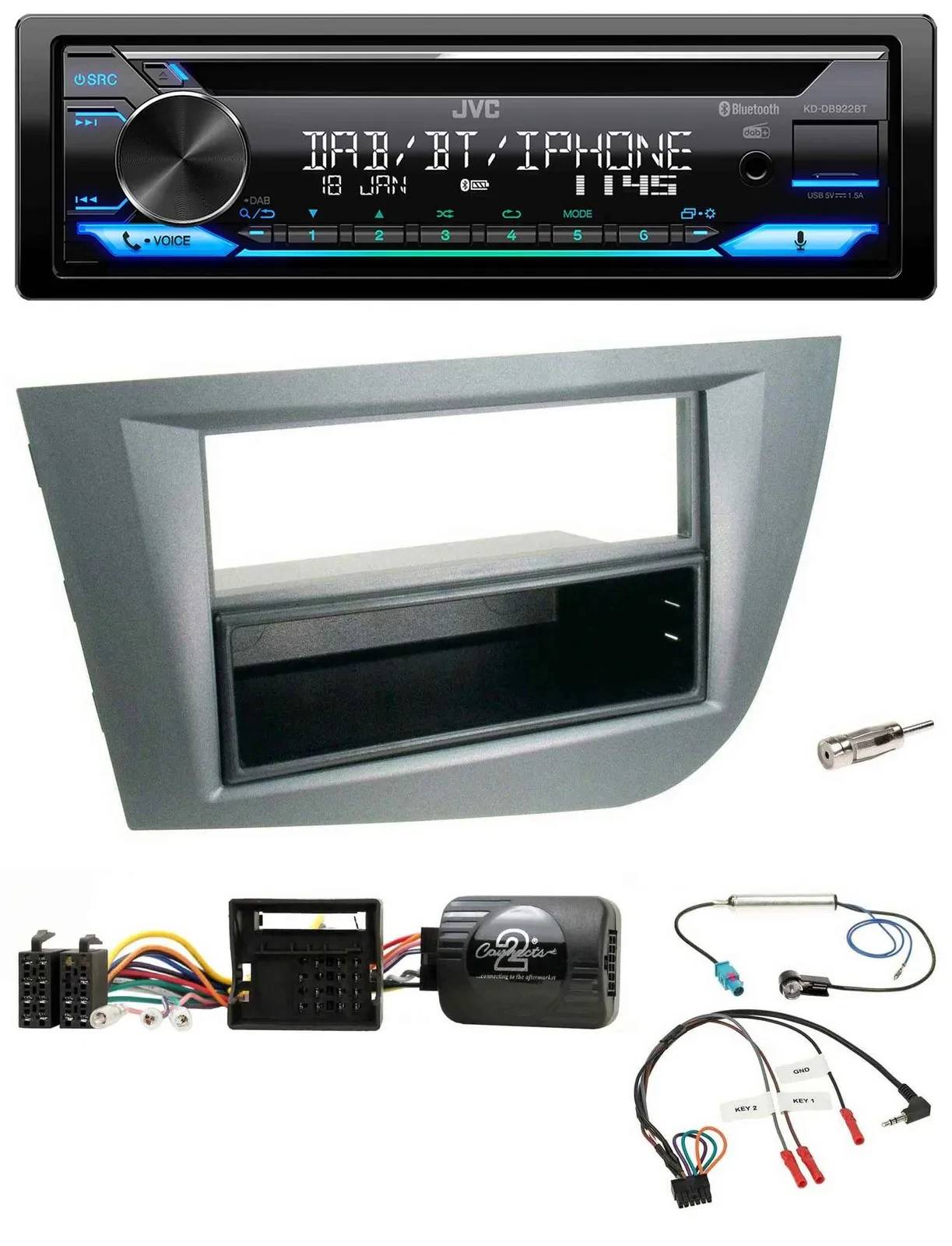 JVC Bluetooth Lenkrad USB DAB CD Autoradio für Seat Leon 2005-2010 dunkelgrau me