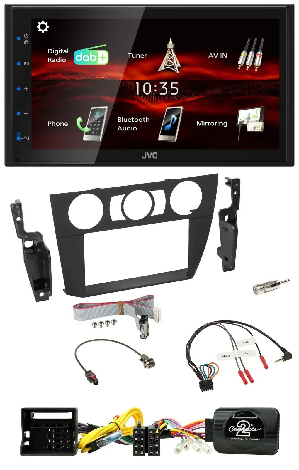Автомагнитола для BMW 3 Series (2005–2013) JVC 2DIN, USB, Bluetooth, DAB, поддержка кнопок на руле