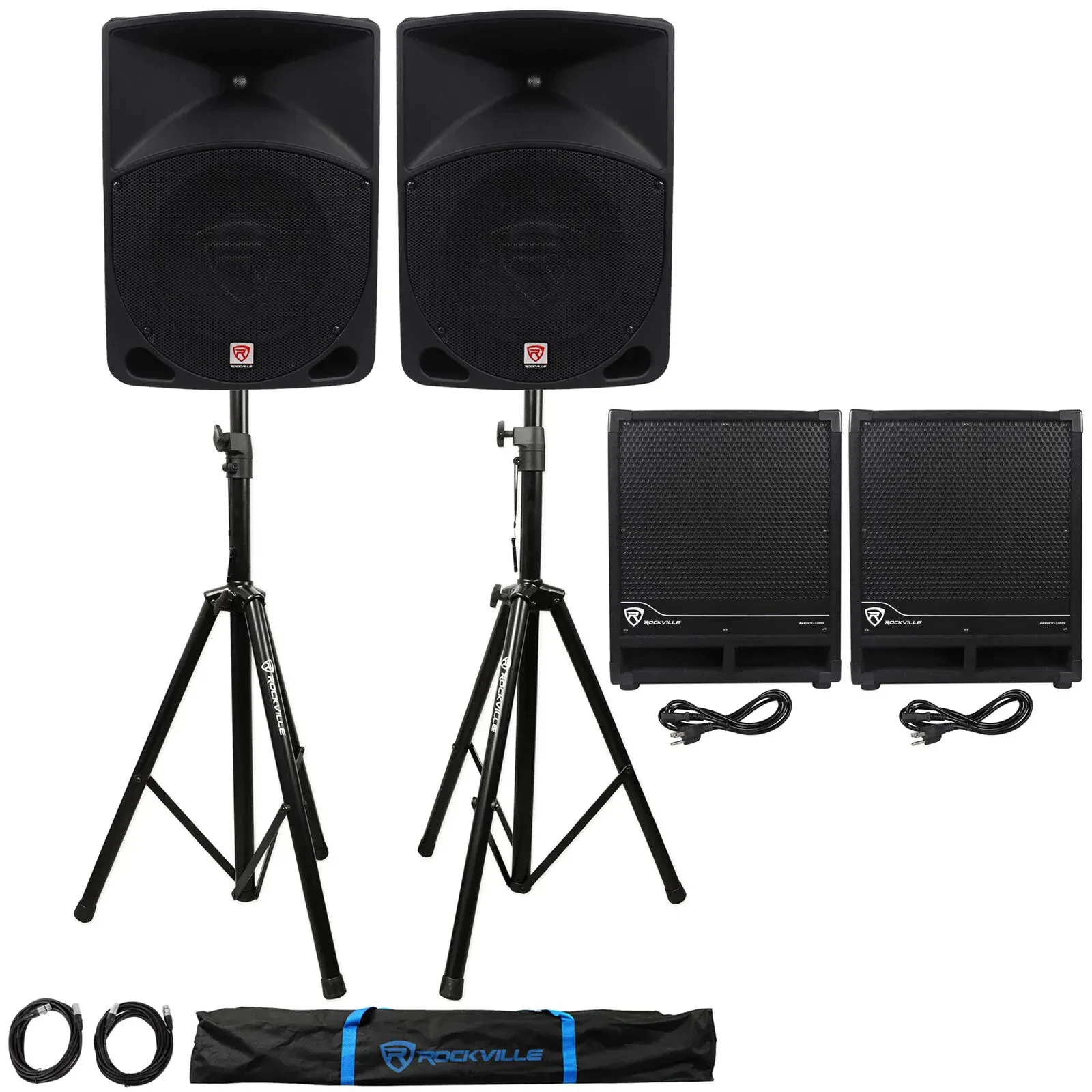 PA-система для DJ Rockville RPG10 + RBG12S (набор, 2×10" активные колонки 600W, 2× сабвуфер 12", стойки, XLR-кабели, сумка)