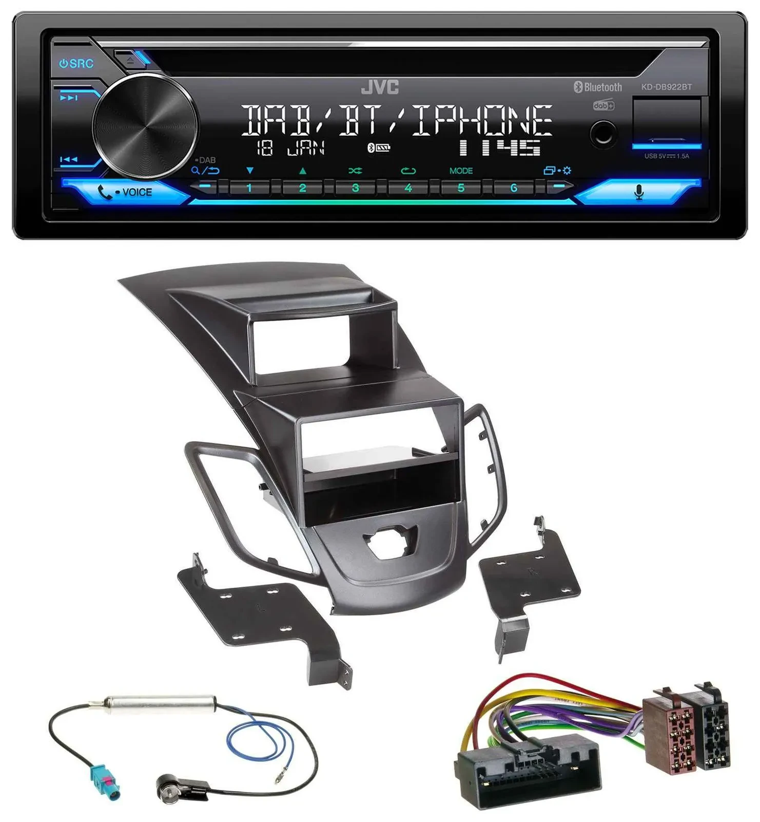 Автомагнитола для Ford Fiesta (2010–2017) JVC Bluetooth, USB, DAB, CD, черный