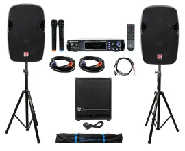 DJ Package: (2) 12" 1200w Speakers+12" Subwoofer+Bluetooth Amp+Stands+Cables+Bag