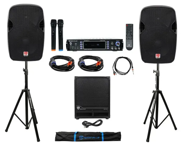 DJ Package: (2) 12" 1200w Speakers+12" Subwoofer+Bluetooth Amp+Stands+Cables+Bag