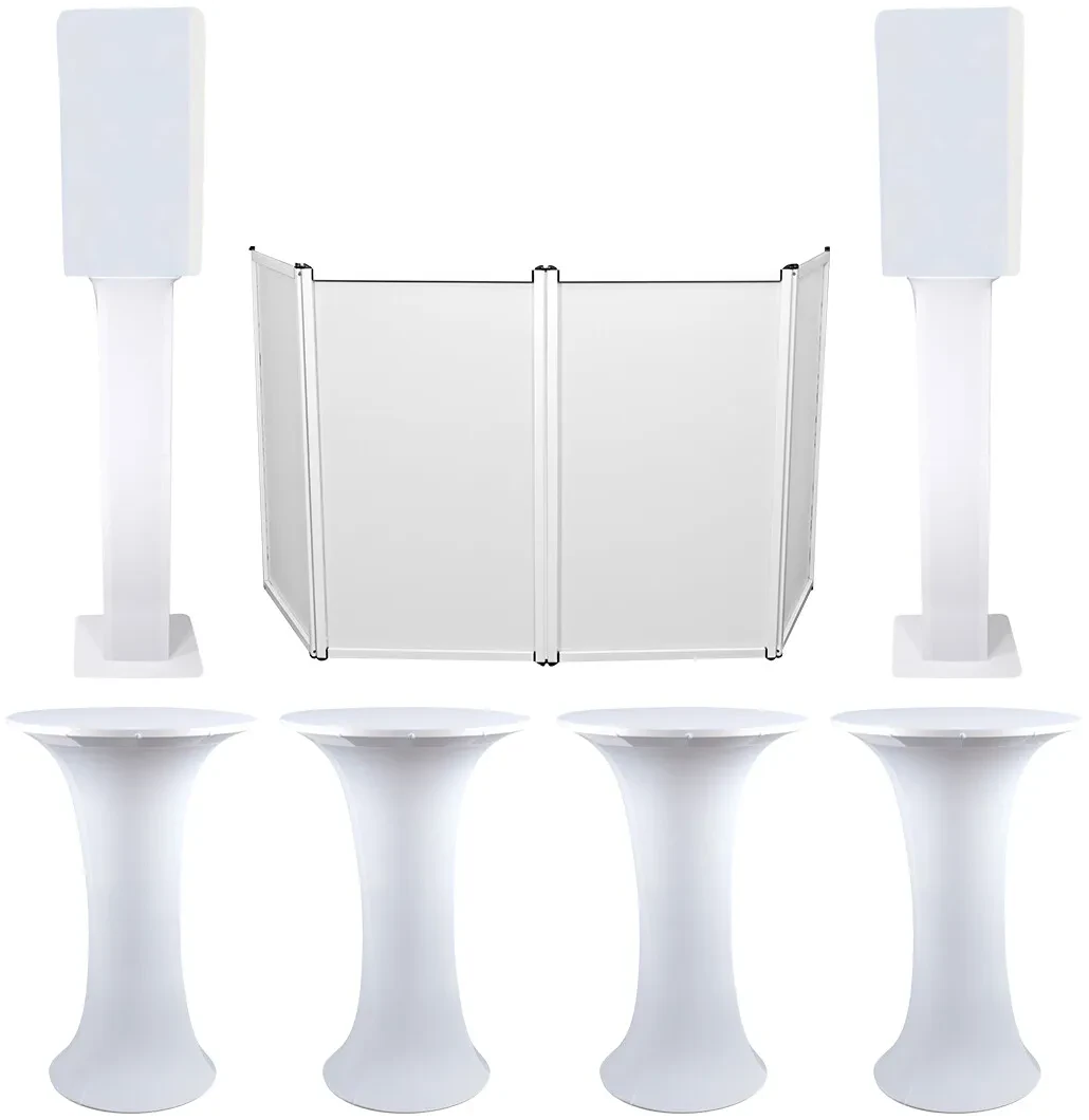 4) Club Scene Highboy Tables+White 15" Speaker Scrims+DJ Facade+2) Totem Stands