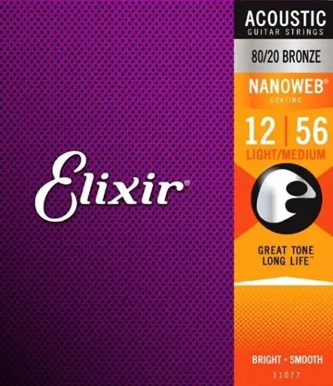 Струны для акустической гитары Elixir 11077 NanoWeb Light-Medium 12-56