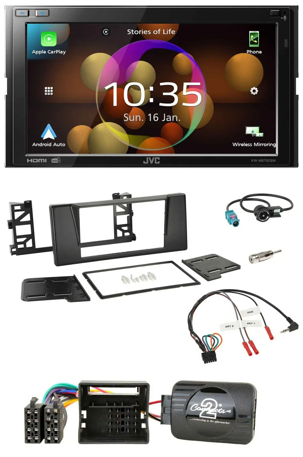 Автомагнитола JVC 2DIN DAB, Bluetooth, USB для BMW 5 Series E39 (2001–2004), активная система