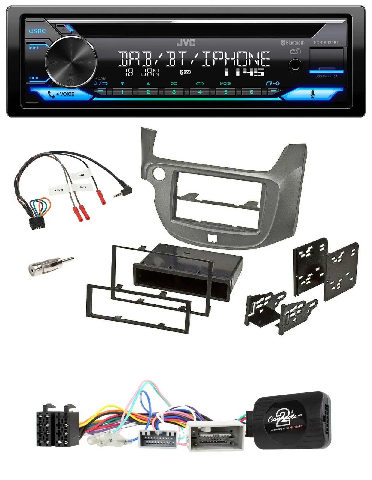 Автомагнитола для Honda Jazz JVC Bluetooth USB DAB CD серебристая (с 2014)