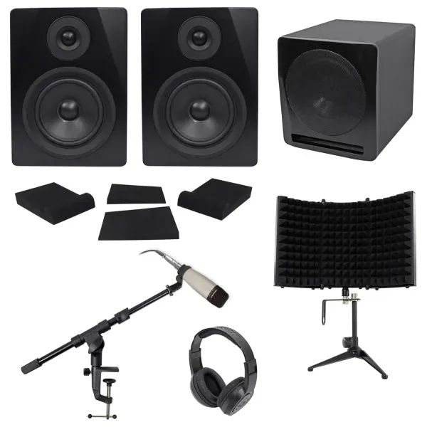 2) Rockville 5.25" Active Studio Monitors+Sub+Mic+Headphones+Stand+Shield+Pads