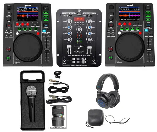 2) Gemini MDJ-600 USB/CD Media Players DJ MIDI Controllers+Mixer+Mic+Headphones