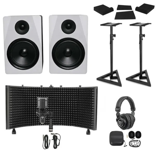 2) Rockville APM8W 8" Active Studio Monitors+Stands+Mic+Headphones+Iso Shield