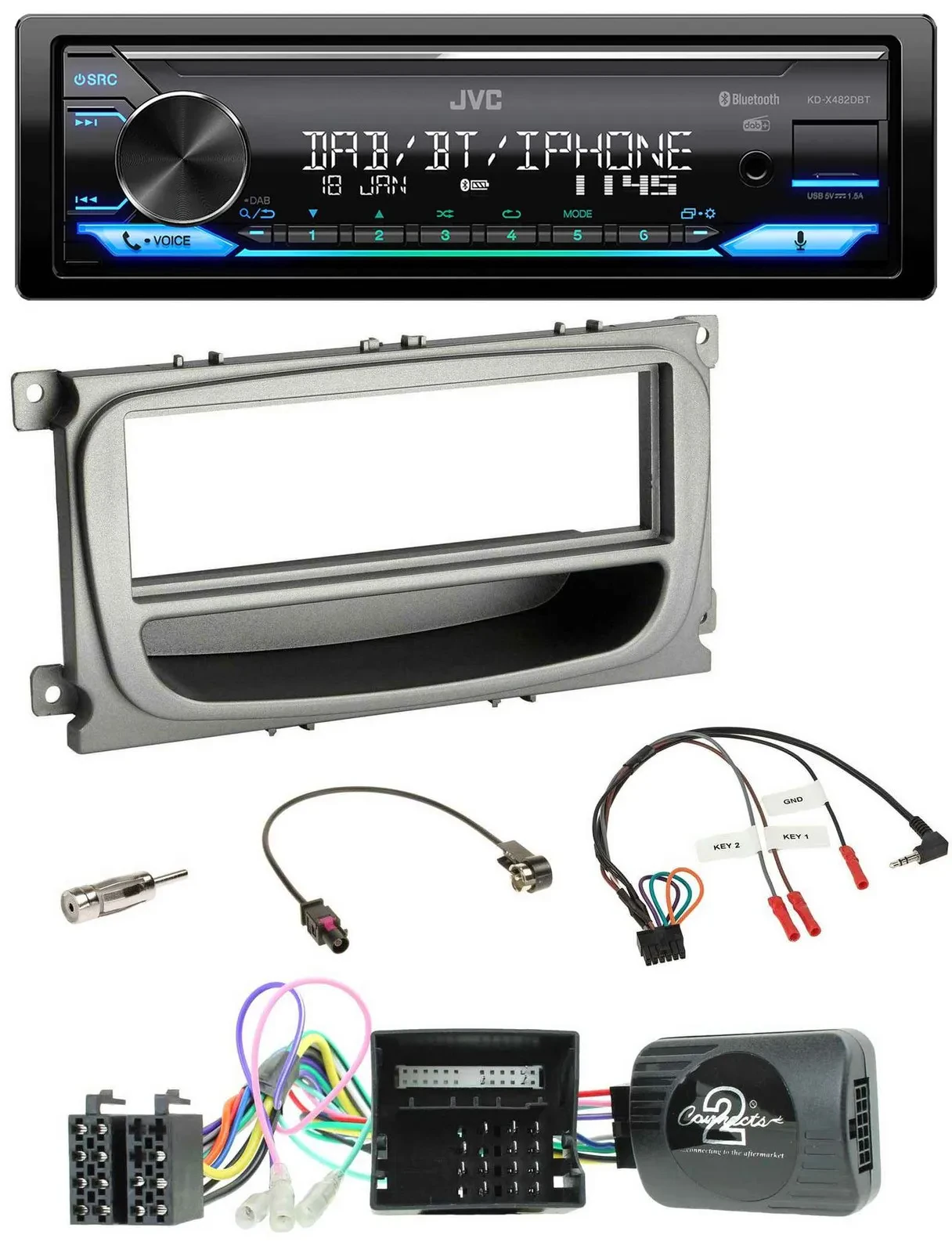 Автомагнитола JVC Bluetooth DAB USB для Ford S-Max/Mondeo (2007–2014) с поддержкой кнопок на руле и CAN-bus