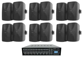 (12) 5.25" Black Wall Speakers+Multi Room Amp For Restaurant/Office/Cafe/Bar