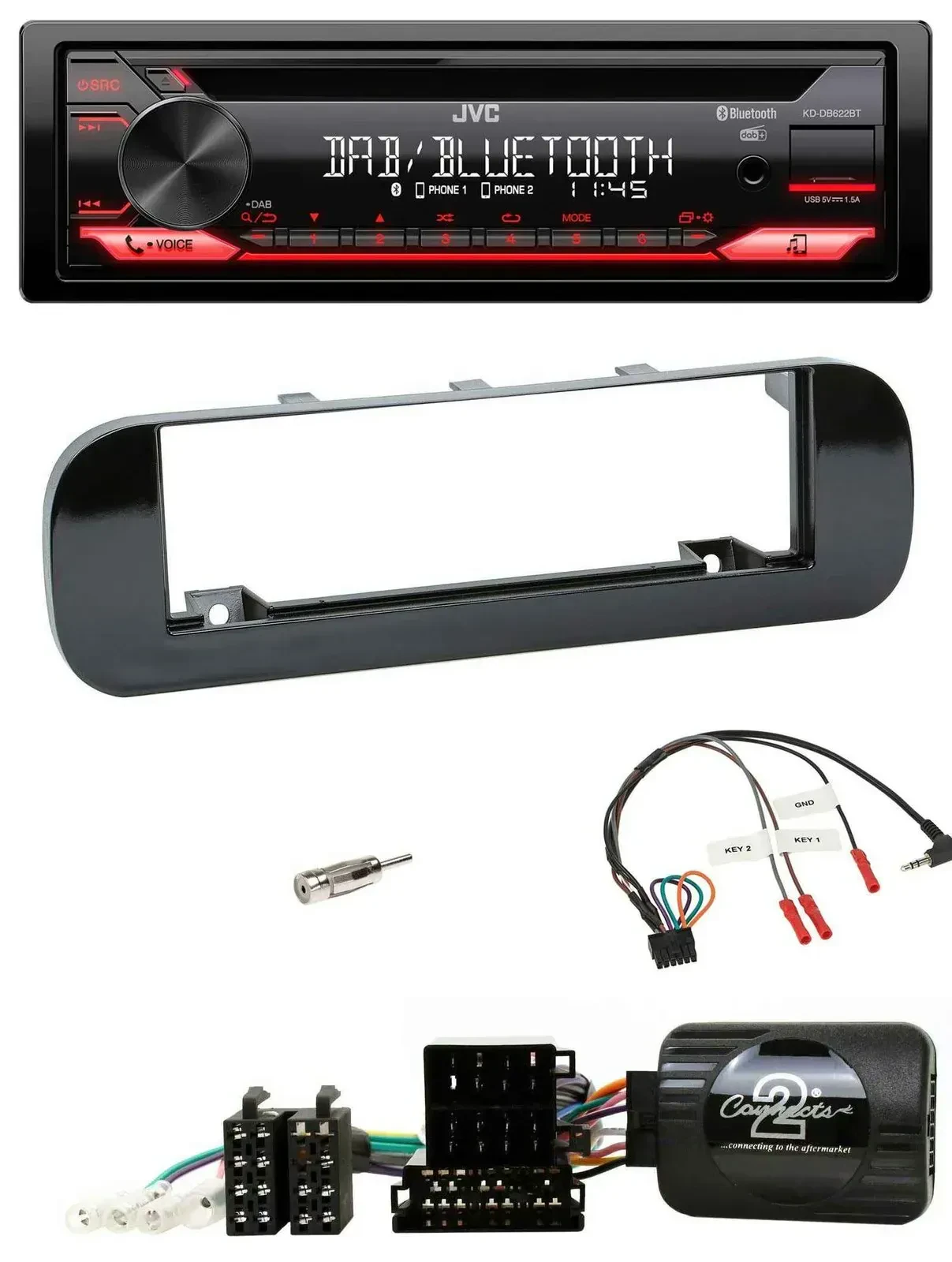 Автомагнитола JVC CD DAB USB Bluetooth для Fiat Panda (2012–2020), черный глянец, с поддержкой управления на руле