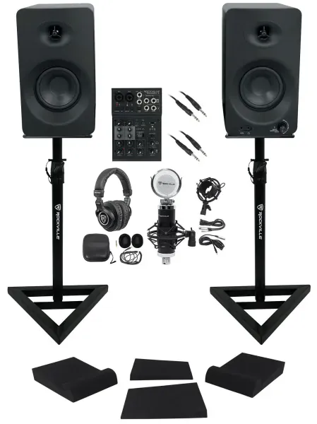 Rockville Recording Kit 4" Bluetooth Studio Monitors+Mixer+Headphones+Mic+Stands