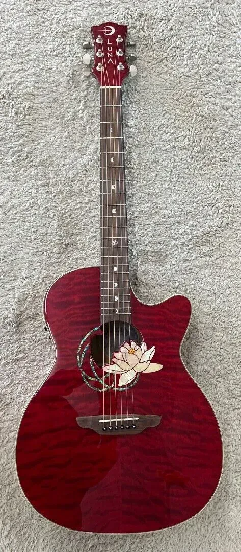 Luna FLO LOT QM Flora Lotus Quilt Maple Acoustic Electric Guitar, Trans Shiraz