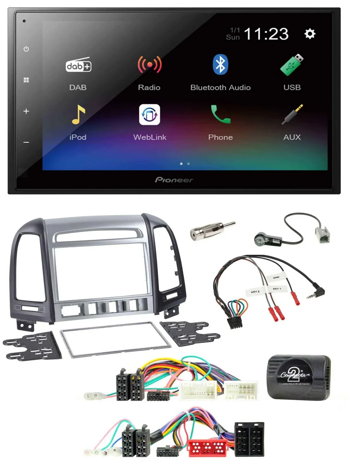 Автомагнитола для Hyundai Santa Fe (2010–2012) Pioneer 2DIN, USB, Bluetooth, DAB, поддержка кнопок на руле