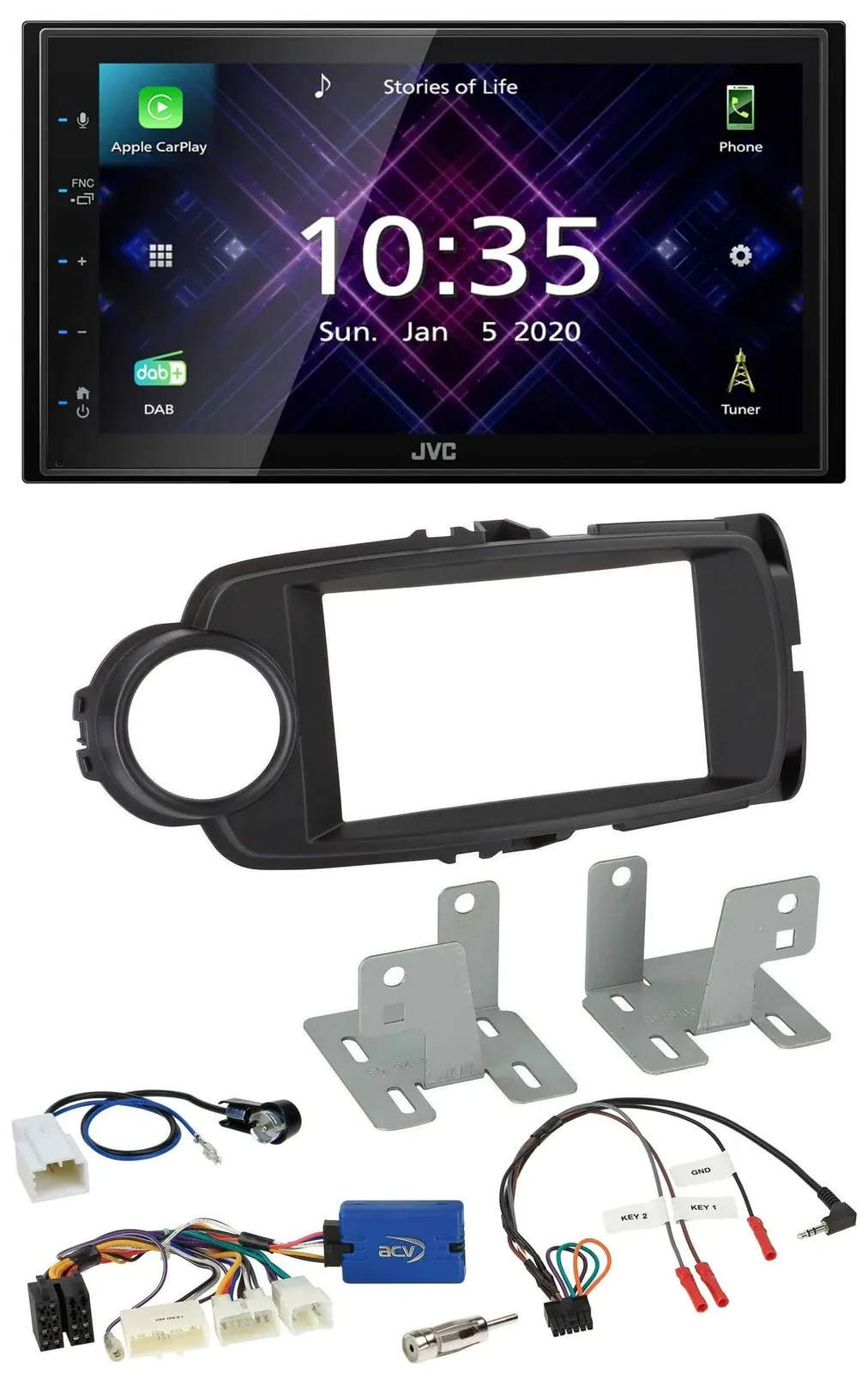 Автомагнитола для Toyota Yaris (с 2014) JVC 2DIN DAB Bluetooth USB черный с поддержкой управления на руле