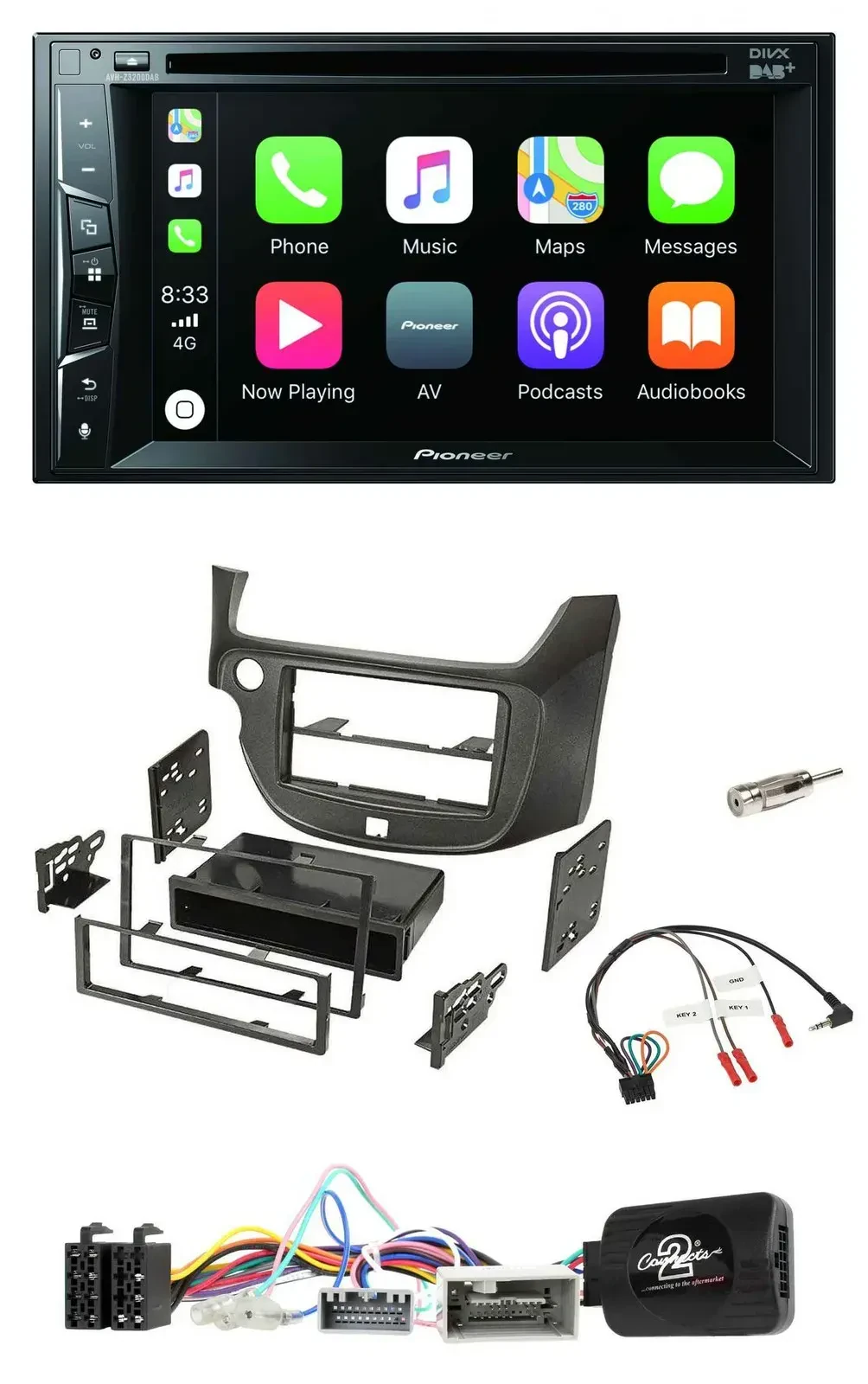 Автомагнитола Pioneer 2DIN USB DVD Bluetooth DAB для Honda Jazz (с 2014), тёмный, совместима с управлением на руле