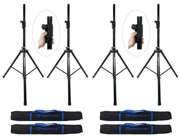 (4) Rockville DJ PA Tripod Speaker Stands Hydraulic Air Auto Lift & Lower+Bags