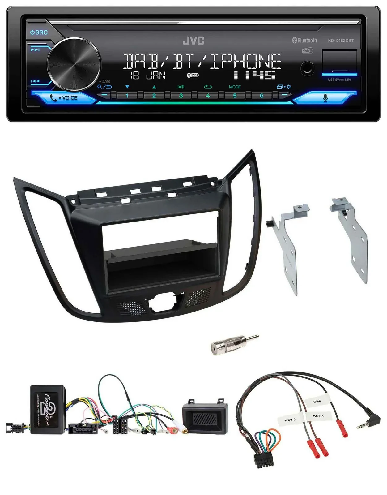 JVC Bluetooth DAB USB Lenkrad Autoradio für Ford C-Max Kuga matt schwarz