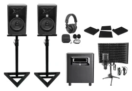 2 JBL 308P MkII 8" Active Studio Monitors+Stands+Subwoofer+Headphones+Mic+Shield