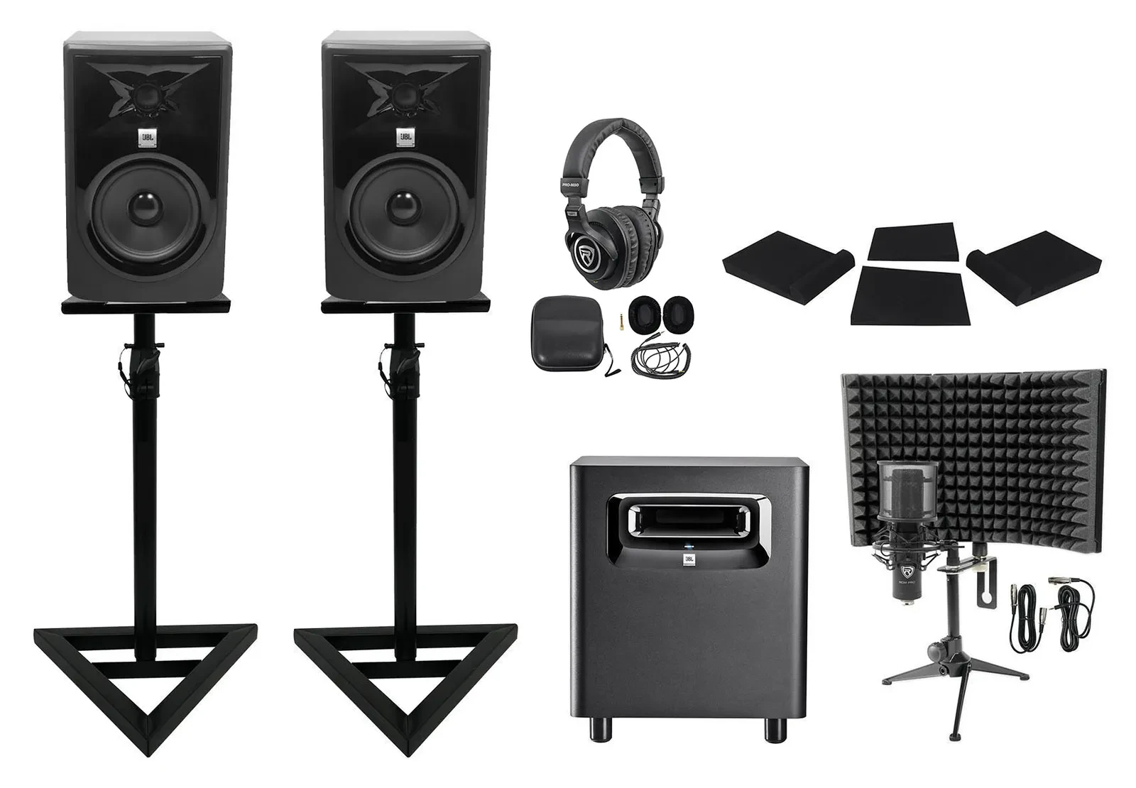 2 JBL 308P MkII 8" Active Studio Monitors+Stands+Subwoofer+Headphones+Mic+Shield