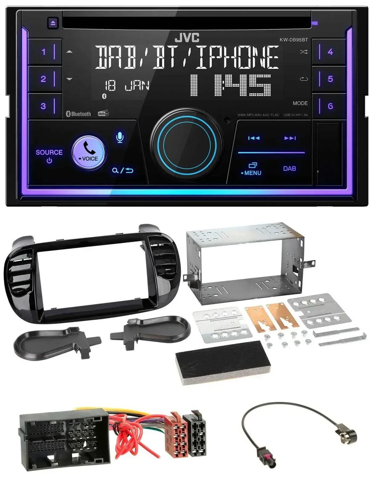 Автомагнитола JVC 2-DIN DAB Bluetooth CD MP3 для Fiat 500 (с 2012), черная